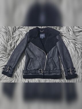 American Eagle Outfitters Black Faux-Shearling Moto Jacket